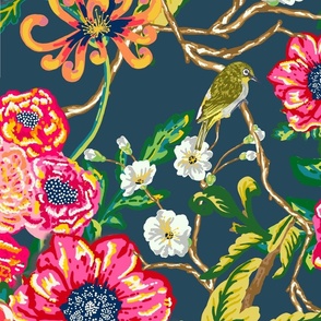 Chinoiserie Floral Birds & Peonies - Midnight Blue