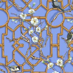 Bamboo Trellis Blossom & Birds - Very Peri Periwinkle Blue 