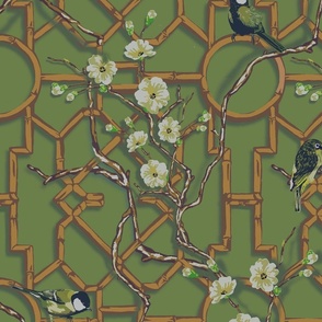 Bamboo Trellis Blossom & Birds - Green