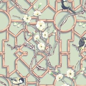 Bamboo Trellis Blossom & Birds - Mint Green