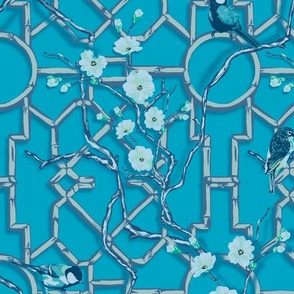 Bamboo Trellis Blossom & Birds - Night Blue