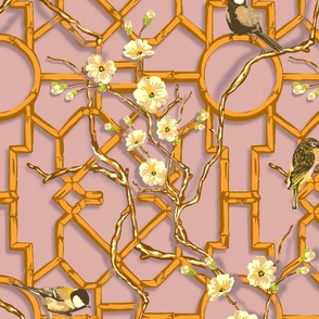 Bamboo Trellis Blossom & Birds - Dusky Pink