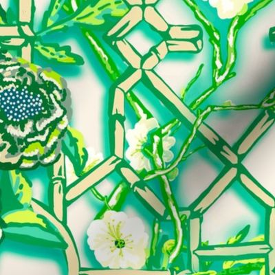 Floral Chinoiserie Bamboo Trellis - White & Green