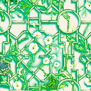 Floral Chinoiserie Bamboo Trellis - White & Green