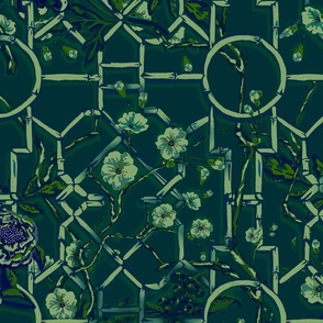 Floral Chinoiserie Bamboo Trellis - Dark Green