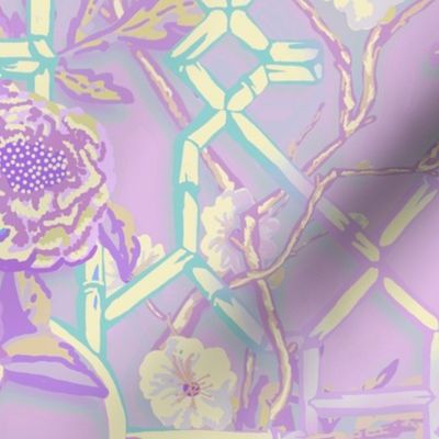 Floral Chinoiserie Bamboo Trellis - Lilac