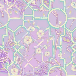 Floral Chinoiserie Bamboo Trellis - Lilac