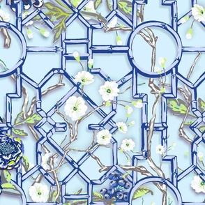 Floral Chinoiserie Bamboo Trellis - Blue