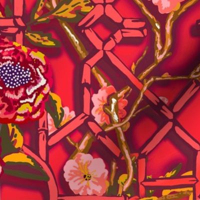 Floral Chinoiserie Bamboo Trellis - Red
