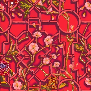 Floral Chinoiserie Bamboo Trellis - Red