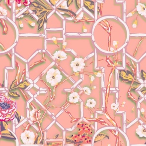 Floral Chinoiserie Bamboo Trellis - Pink