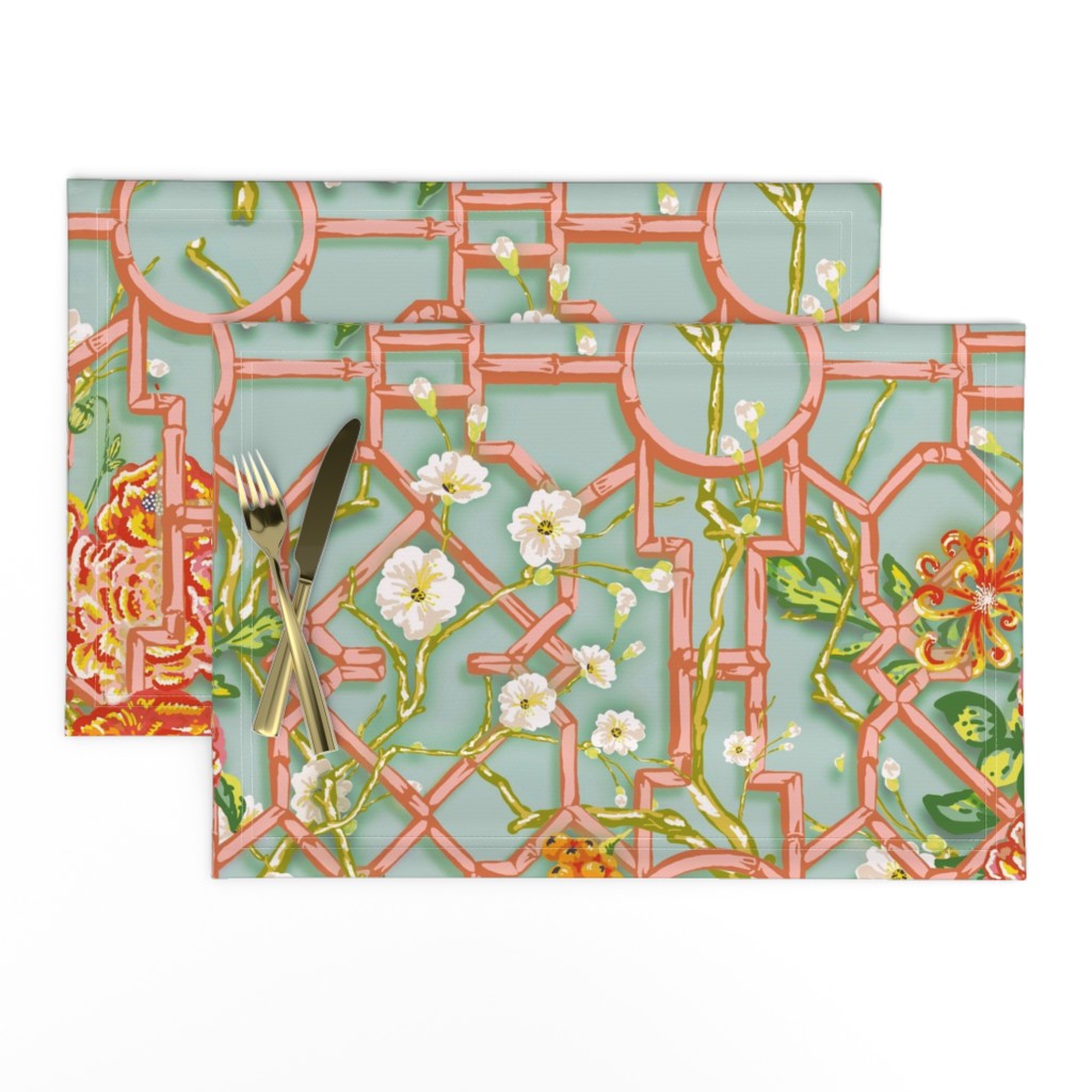 Floral Chinoiserie Bamboo Trellis - Duck Egg Blue