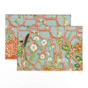 Floral Chinoiserie Bamboo Trellis - Duck Egg Blue