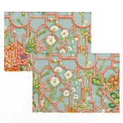 Floral Chinoiserie Bamboo Trellis - Duck Egg Blue