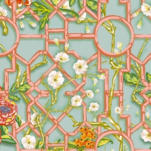 Floral Chinoiserie Bamboo Trellis - Duck Egg Blue