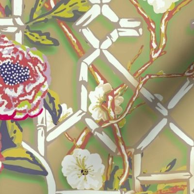 Floral Chinoiserie Bamboo Trellis - Classic Olive 