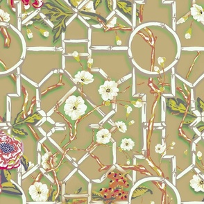 Floral Chinoiserie Bamboo Trellis - Classic Olive 