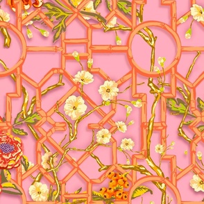 Floral Chinoiserie Bamboo Trellis - Pinks