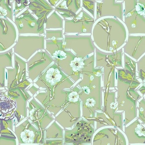 Floral Chinoiserie Bamboo Trellis - White & Green