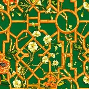 Floral Chinoiserie Bamboo Trellis - Green