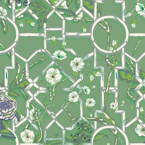 Floral Chinoiserie Bamboo Trellis - White & Green