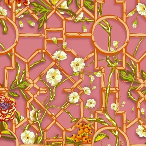 Floral Chinoiserie Bamboo Trellis - Pink