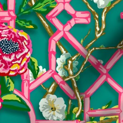 Floral Chinoiserie Bamboo Trellis - Pink & Brights