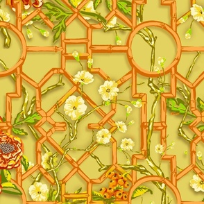 Floral Chinoiserie Bamboo Trellis - Greens 