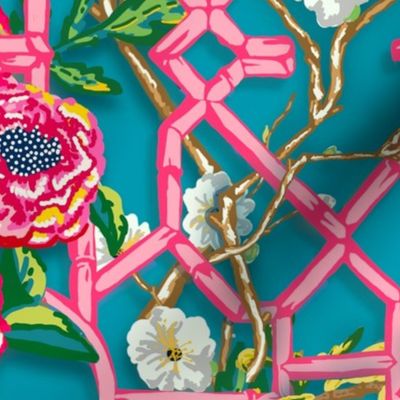 Floral Chinoiserie Bamboo Trellis - Turquoise & Pink