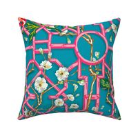 Floral Chinoiserie Bamboo Trellis - Turquoise & Pink