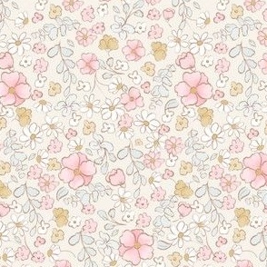 Nursery Floral, Pink, White, Beige Flowers, Daisies, Hand Drawn