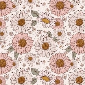 Retro, Vintage, Daisy, Boho Pink, Cream, Brown, Floral, Flowers