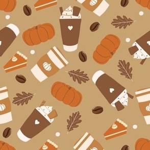 Fall Coffee And Pumpkins On Caramel Background