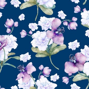 Orchids Galore - Navy Teal Large Scale