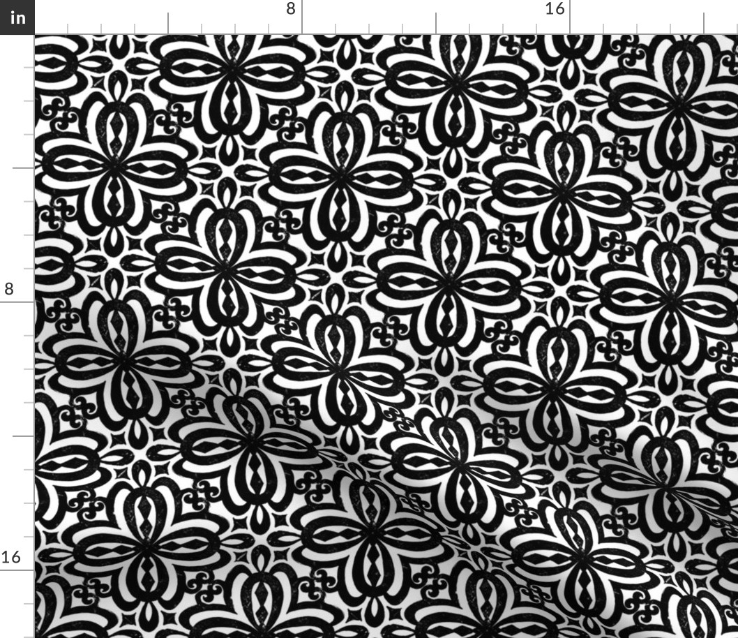 Black and White Damask Quatrefoil Block Print by Angel Gerardo