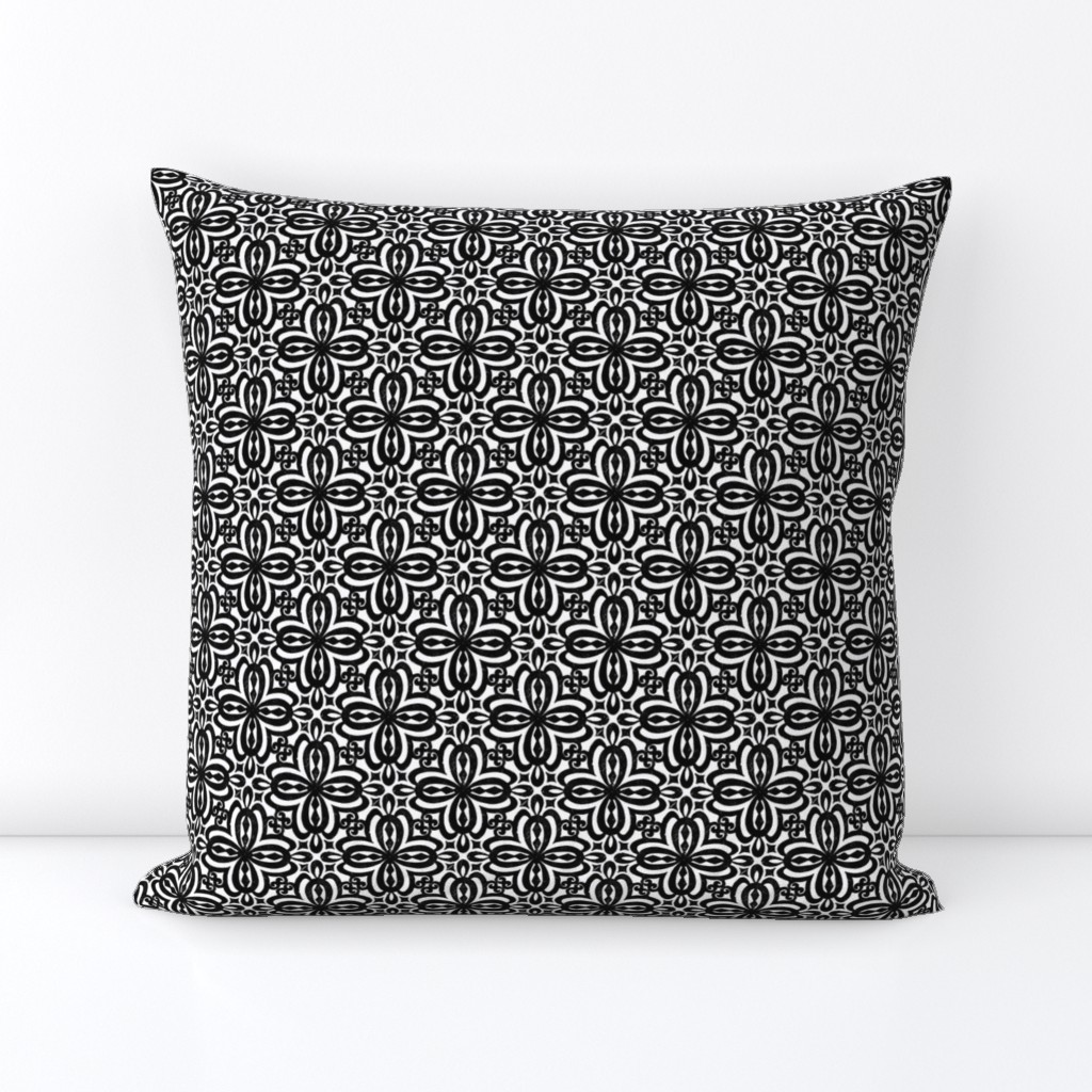 Black and White Damask Quatrefoil Block Print by Angel Gerardo - Small Scale