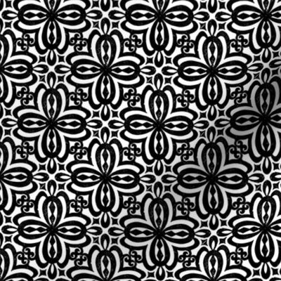 Black and White Damask Quatrefoil Block Print by Angel Gerardo - Small Scale