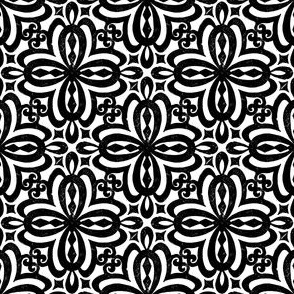 Black and White Damask Quatrefoil Block Print by Angel Gerardo - Small Scale
