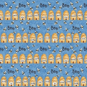 Beekeeping Gnomes Bee Skep Rows on blue, smaller scale