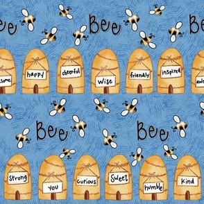 Beekeeping Gnomes Bee Skep Rows on blue, med scale