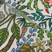 Coloring Book Jungle Floral Doodle Tropical Palm Trees Monstera Plants and Toucan Line Drawing in Retro 70s Colors - MEDIUM Scale - UnBlink Studio by Jackie Tahara