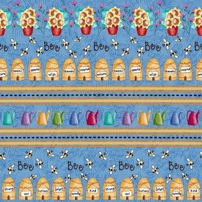 Beekeeping Gnomes Collection Skeps, bees, flowers, watering cans rows on blue