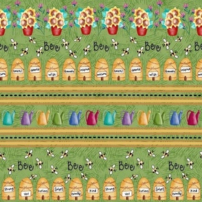 Beekeeping Gnomes Collection Skeps, bees, flowers, watering cans rows on green