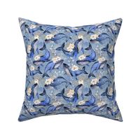 Watercolor Blue Whales with Flowers - Small Scale - Floral Marine - Lighter Background