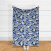 Watercolor Blue Whales with Flowers - Large  Scale - Floral Marine - Lighter Background