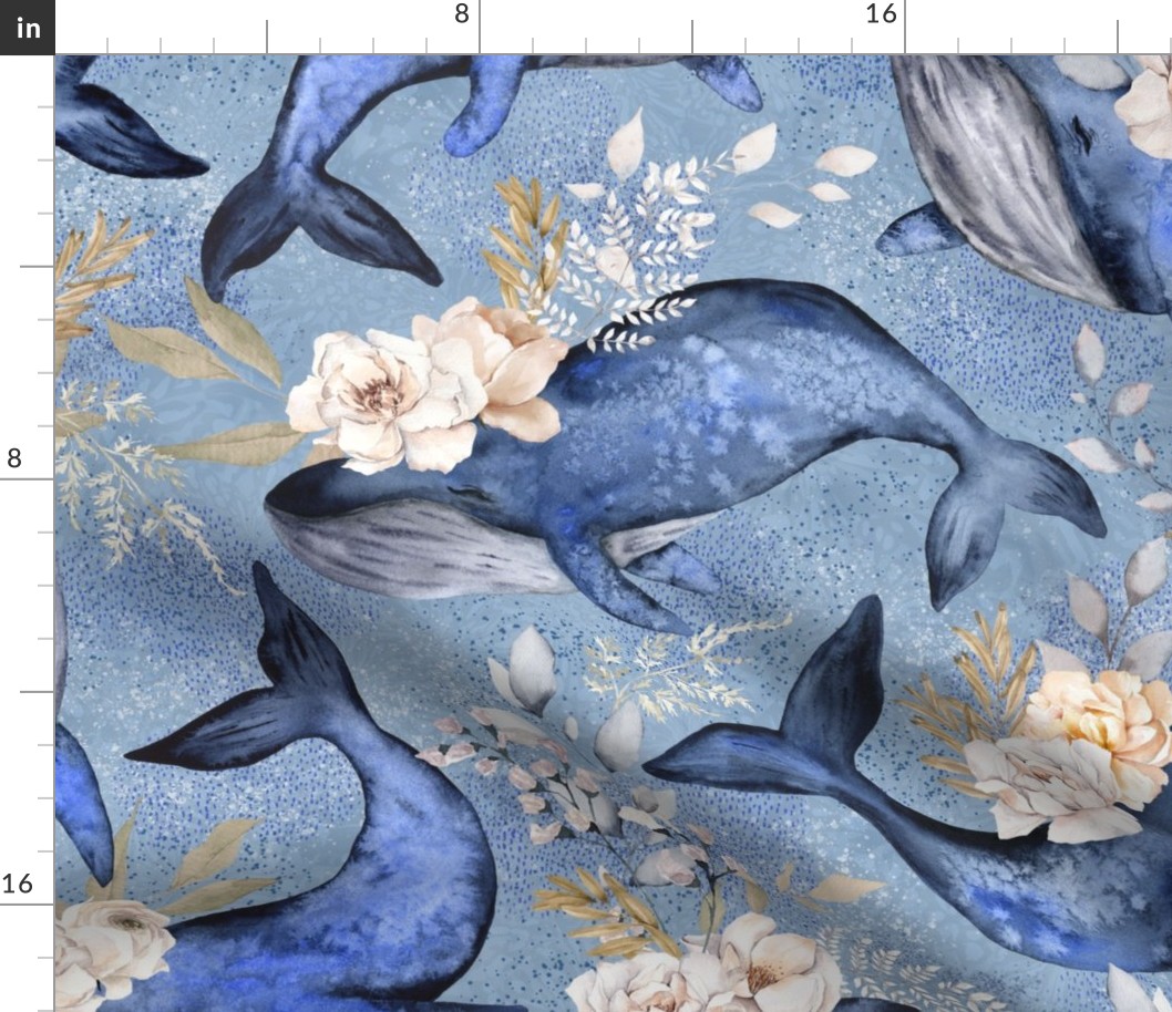 Watercolor Blue Whales with Flowers - Large  Scale - Floral Marine - Lighter Background