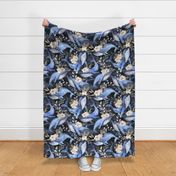 Watercolor Blue Whales with Flowers - Large Scale - Floral Marine - Dark Marble Background