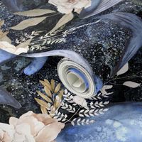 Watercolor Blue Whales with Flowers - Large Scale - Floral Marine - Dark Marble Background