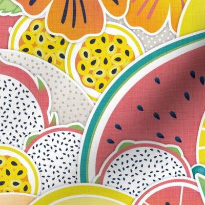 Totally Positively Optimistic Juicy Flamingos Large- Petal Cotton Coordinate- Tropical Fruit Home Decor- Summer Wallpaper- Pineapple- Watermelon- Papaya- Flamingo Fabric