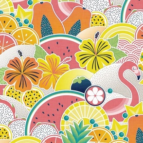 Totally Positively Optimistic Juicy Flamingos Large- Petal Cotton Coordinate- Tropical Fruit Home Decor- Summer Wallpaper- Pineapple- Watermelon- Papaya- Flamingo Fabric